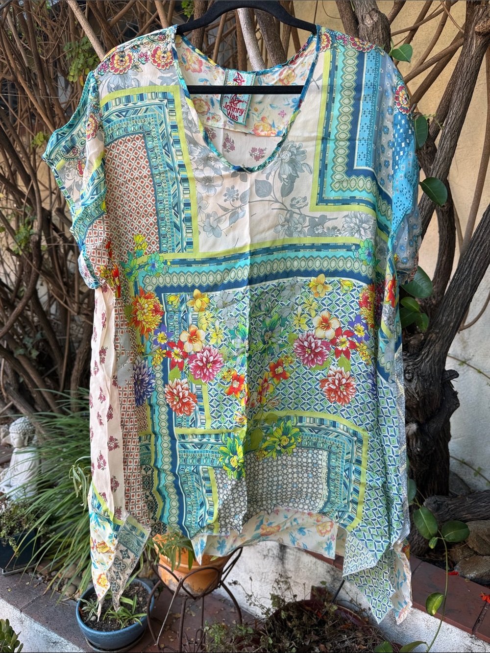 Johnny Was Floral Patchwork Tunic in Turquoise & Multi